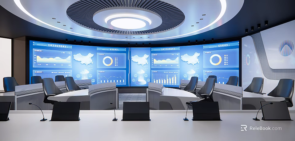 Modern Control Room With Multiple Large Screens Displaying Data Charts Maps And Ergonomic Chairs 3d model