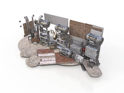 Industrial Scene Setup With Machinery Pipes Metal Structures And Bricks 3d model