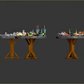 Round Dining Tables with Various Fruits Desserts Drinks and Toys on Wooden Bases