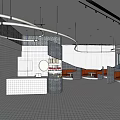 Modern Café Interior With White Tiled Walls Hanging Circular Lights Curved Partitions Brown Leather Booths