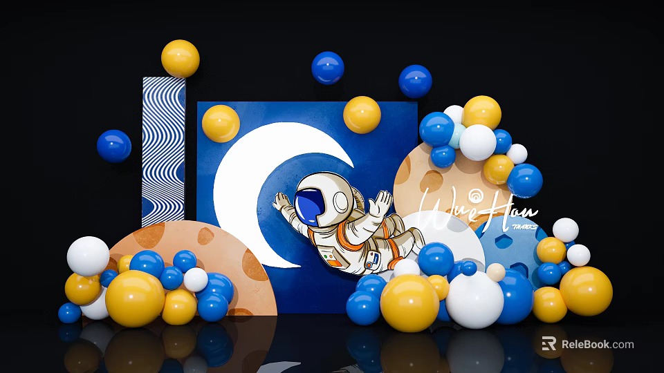 Colorful Astronaut Moon Themed Decorations With Blue Yellow White Balls And Wave Patterns 3d model