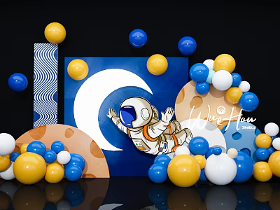 Colorful Astronaut Moon Themed Decorations With Blue Yellow White Balls And Wave Patterns 3d model