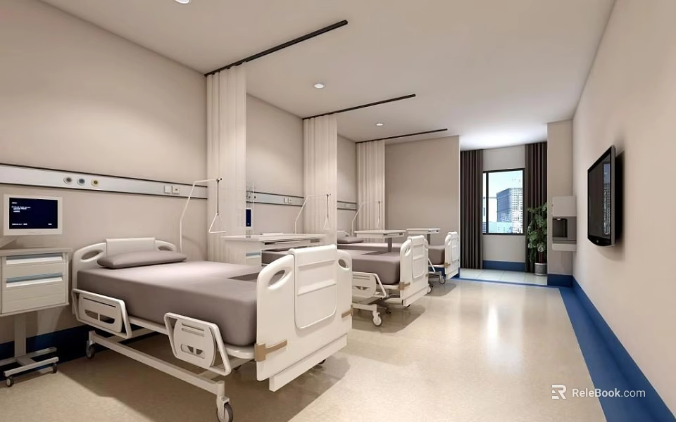 Modern Hospital Ward Interior With Patient Beds IV Stands And Wall TV 3d model 