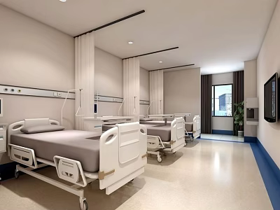 Modern Hospital Ward Interior With Patient Beds IV Stands And Wall TV 3d model