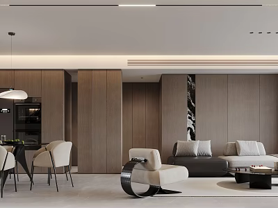 Modern Living and Dining Room Interior Design With Wooden Walls Sofa And Dining Chairs 3d model