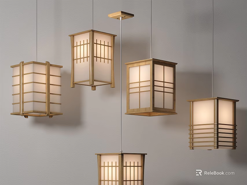 Japanese Style Wooden Lattice Pendant Lights With White Lampshade And Minimalist Design 3d model 