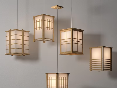Japanese Style Wooden Lattice Pendant Lights With White Lampshade And Minimalist Design 3d model