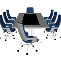 Modern Office Conference Table With White Tabletop And Blue White Ergonomic Chairs