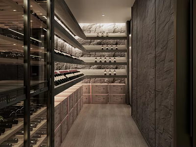 Elegant Wine Cellar Interior With Wooden Racks Stone Walls And Wine Bottles 3d model