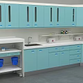 Blue And White Medical Cabinets With Mobile Cart In Clinical Setting