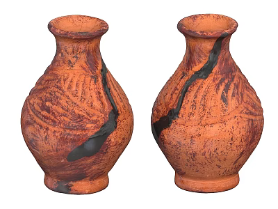 Two Handcrafted Orange Ceramic Vases With Black Decorative Patterns And Textured Surface 3d model
