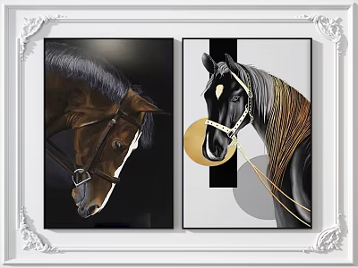 Two Framed Animal Paintings Featuring Brown And Black White Horses With Reins And Geometric Elements 3d model