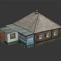 Traditional Residential House With Gray Roof Chimney White Brown Blue Walls Multiple Windows And Red Door