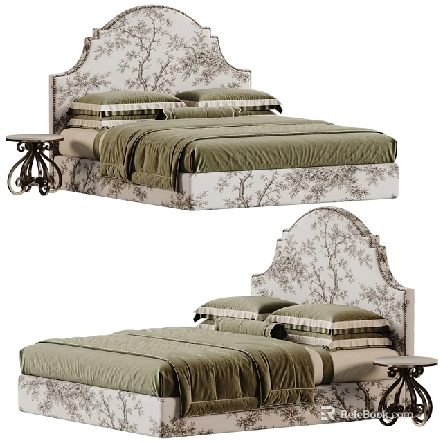 Chic Vintage Floral Upholstered Double Bed With Olive Green Bedding And Retro Decorative Side Table 3d model 