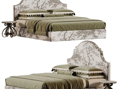 Chic Vintage Floral Upholstered Double Bed With Olive Green Bedding And Retro Decorative Side Table 3d model