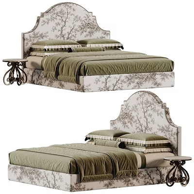 Chic Vintage Floral Upholstered Double Bed With Olive Green Bedding And Retro Decorative Side Table 3d model