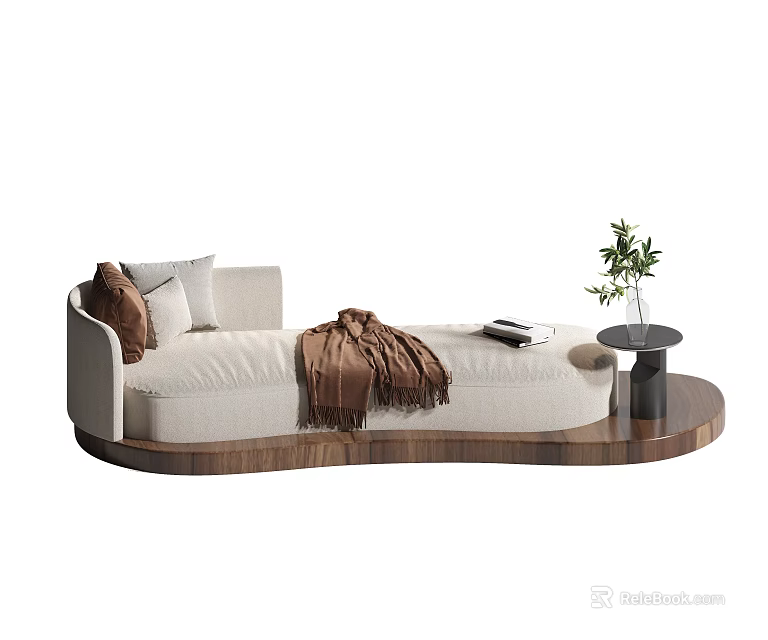 Elegant Cream Fabric Chaise Lounge With Plush Pillows Cozy Throw Blanket And Wooden Side Table 3d model 