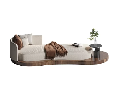 Elegant Cream Fabric Chaise Lounge With Plush Pillows Cozy Throw Blanket And Wooden Side Table 3d model