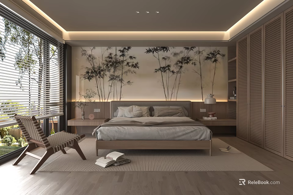 Modern Natural Bedroom Interior With Bamboo Patterned Wall Large Bed Wooden Flooring And Chair 3d model 