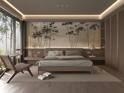 Modern Natural Bedroom Interior With Bamboo Patterned Wall Large Bed Wooden Flooring And Chair 3d model