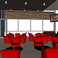 Hotel Public Lounge Area With Wooden Slatted Ceiling Red Armchairs And Open Layout