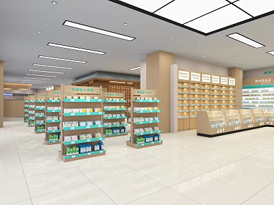 Bright Modern Pharmacy Interior With Neat Medicine Shelves And Glass Counters 3d model