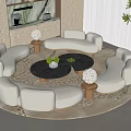 Modern Curved White Plush Sofa and Round Coffee Table Set with Green Plants Floor Lamps