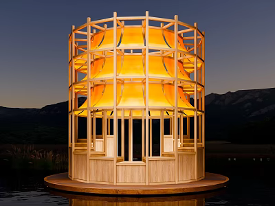 Circular Wooden Landscape Pavilion With Yellow Lighting Translucent Panels Mountain Water Backdrop 3d model