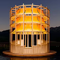 Circular Wooden Landscape Pavilion With Yellow Lighting Translucent Panels Mountain Water Backdrop