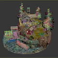 Cartoon Scene Featuring Island House with Chimney Pine Trees Boat Rocks and Water