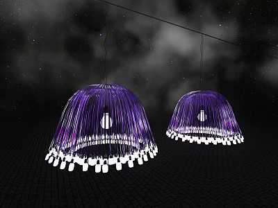 Two Purple Chandeliers With Curved Strands And White Lights On Dark Background 3d model