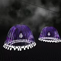 Two Purple Chandeliers With Curved Strands And White Lights On Dark Background