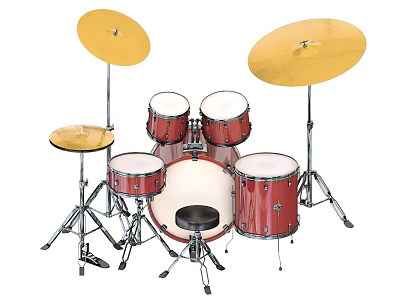 Complete Red Drum Set With White Drumheads Cymbals Stands And Stool 3d model