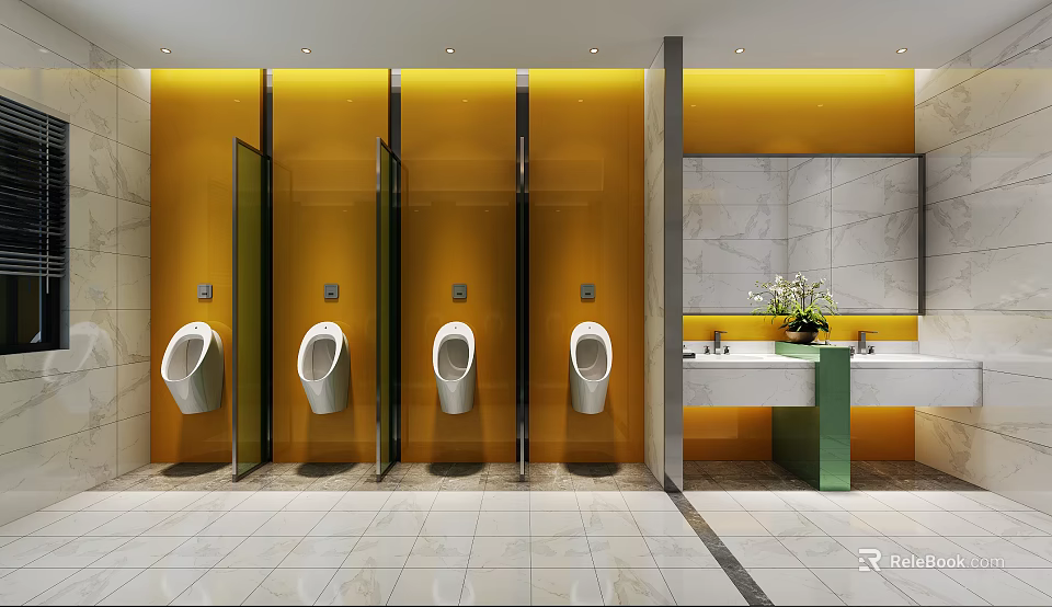 Public Restroom With Yellow Walls Urinals Marble Countertop Double Sinks Green Column White Tiled Floor 3d model 