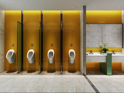 Public Restroom With Yellow Walls Urinals Marble Countertop Double Sinks Green Column White Tiled Floor 3d model