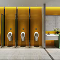 Public Restroom With Yellow Walls Urinals Marble Countertop Double Sinks Green Column White Tiled Floor