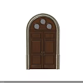 Classic Wooden Double Door With Arched Frame And Three Circular Glass Windows