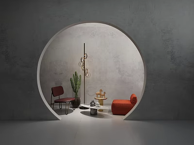 Casual Sofa Set with Red Chair Cactus Floor Lamp and Coffee Table in Circular Archway 3d model