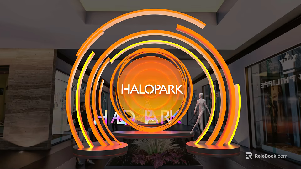 Halopark Indoor Neon Circular Installation With Orange Yellow Glow Mannequin And Plants 3d model 