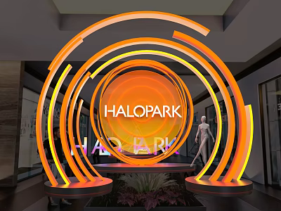 Halopark Indoor Neon Circular Installation With Orange Yellow Glow Mannequin And Plants 3d model