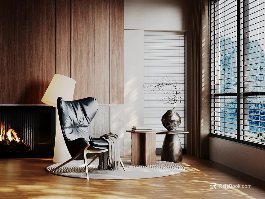 Modern Living Room Decorative Ornaments Set with Wooden Wall Fireplace Sunlight and Black Chair Lamp 3d model 