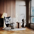 Modern Living Room Decorative Ornaments Set with Wooden Wall Fireplace Sunlight and Black Chair Lamp
