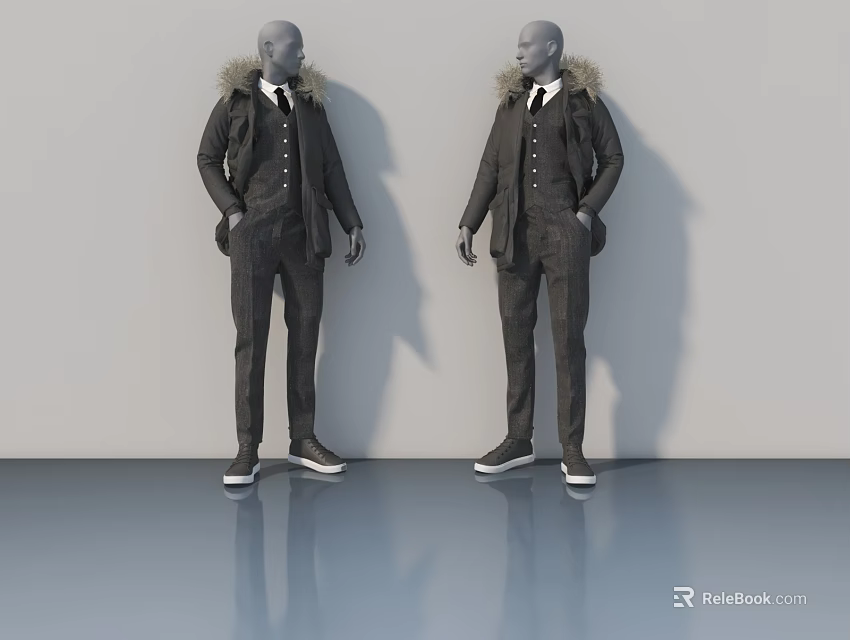 Mannequins In Dark Coats With Fur Collars Suits Pants And Shoes With Floor Reflection 3d model 