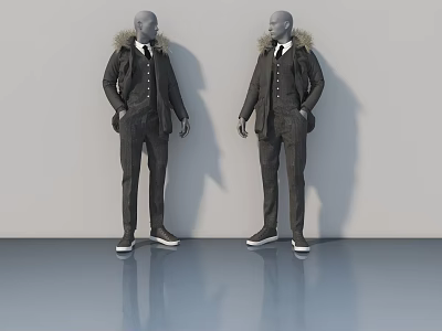 Mannequins In Dark Coats With Fur Collars Suits Pants And Shoes With Floor Reflection 3d model