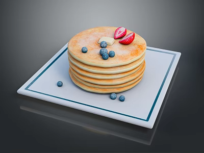 Stack of Golden Pancakes on White Square Plate with Fresh Strawberry and Blueberries 3d model