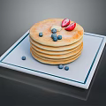 Stack of Golden Pancakes on White Square Plate with Fresh Strawberry and Blueberries