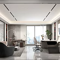Modern Office Interior Featuring World Map Stone Tea Table Stools AI Economic Development And Greenery 3d model