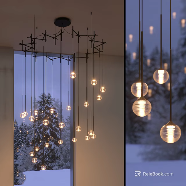Modern Interior Chandeliers With Geometric Metal Frame And Hanging Spherical Bulbs Near Window View 3d model 
