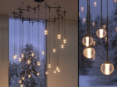Modern Interior Chandeliers With Geometric Metal Frame And Hanging Spherical Bulbs Near Window View 3d model