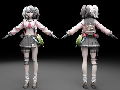 Anime 3D Character Model Front Back Views Pink Top Black Skirt Backpack Leg Gear 3d model